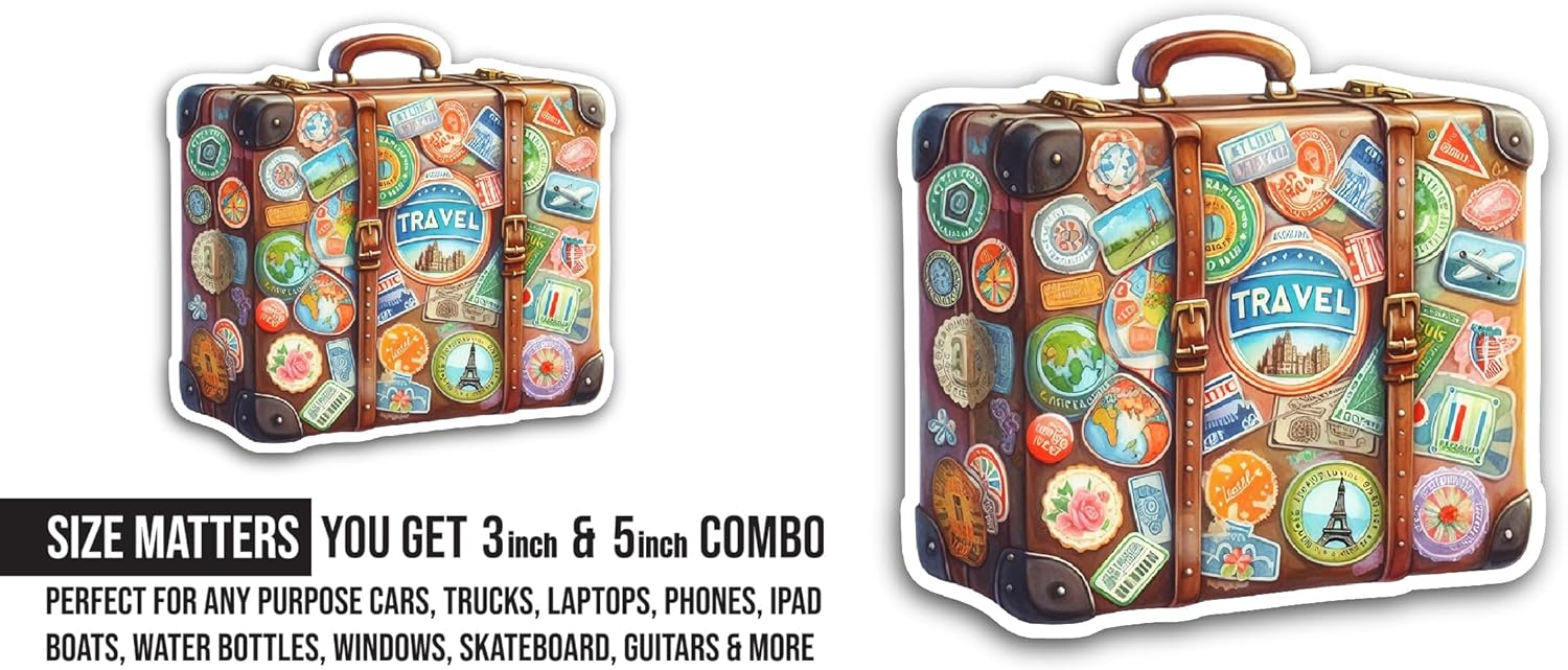 2 (Pieces) 3" and 5" Travel Stickers On Suitcase Sticker, Waterproof Vinyl Decals for Many Purpose Like Cars, Trucks, Laptops, Phones, Windows and More