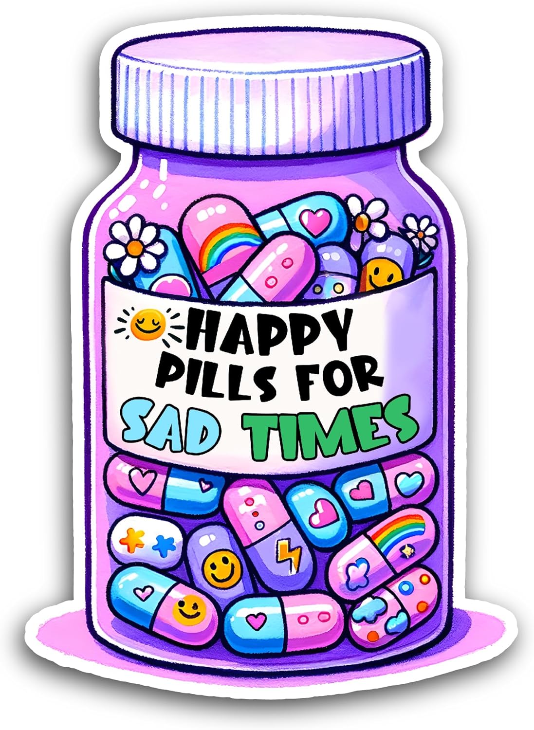 2 (Pieces) 3" and 5" Happy Pills for Sad Times Sticker, Waterproof Vinyl Decals for Many Purpose Like Cars, Trucks, Laptops, Phones, Windows and More