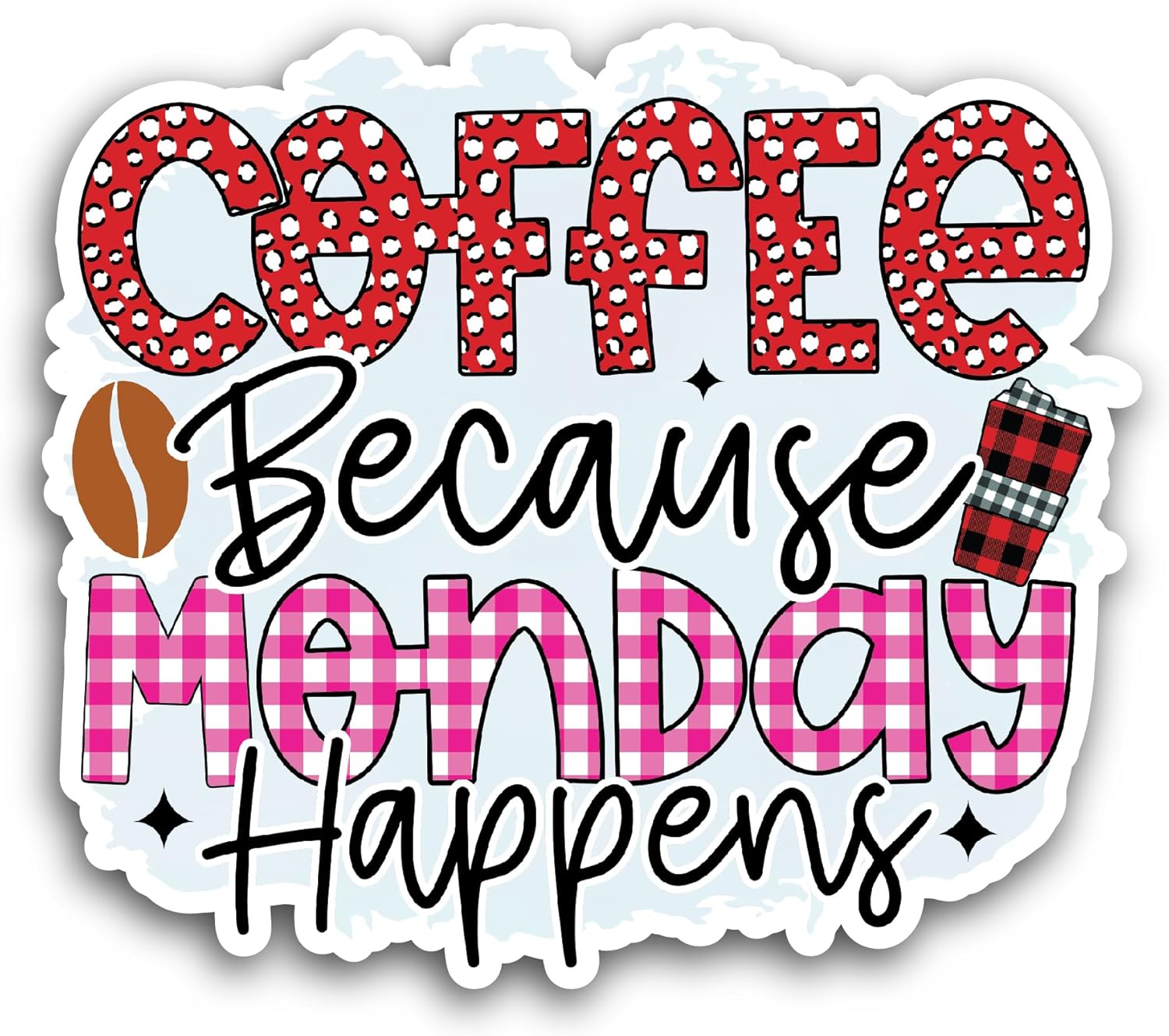 2 (Pieces) 3" and 5" Coffee Because Monday Happens Sticker, Waterproof Vinyl Decals for Many Purpose Like Cars, Trucks, Laptops, Phones, Windows and More