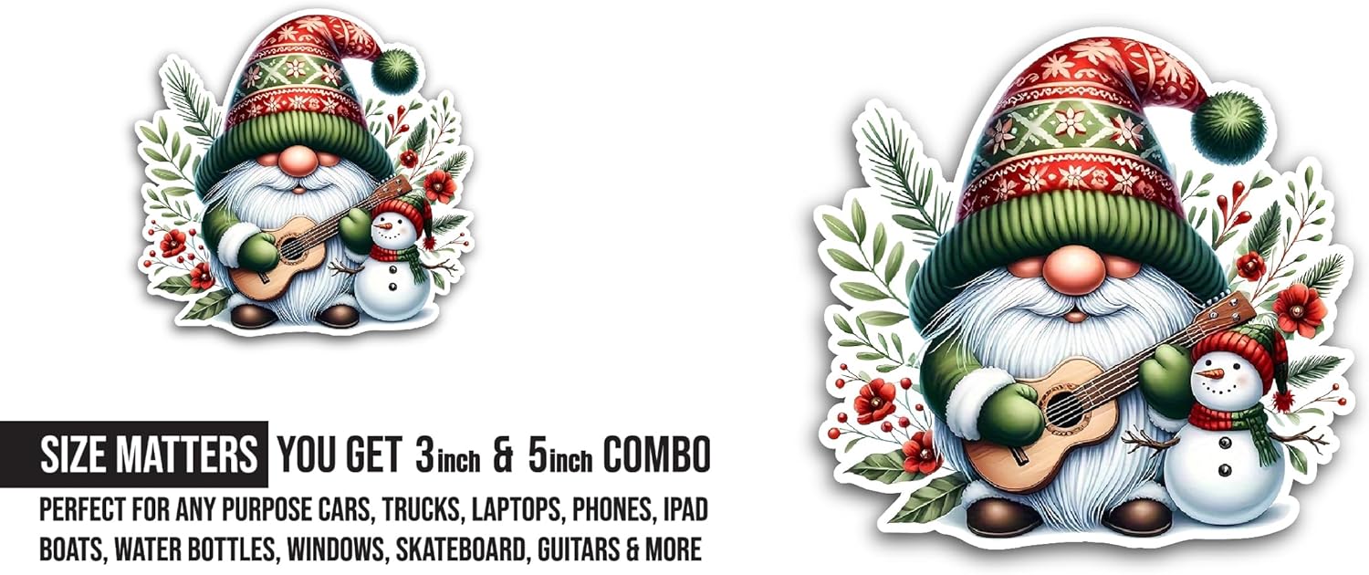 2 (Pieces) 3" and 5" Cute Christmas Gnome Sticker, Waterproof Vinyl Decals for Many Purpose Like Cars, Trucks, Laptops, Phones, Windows and More