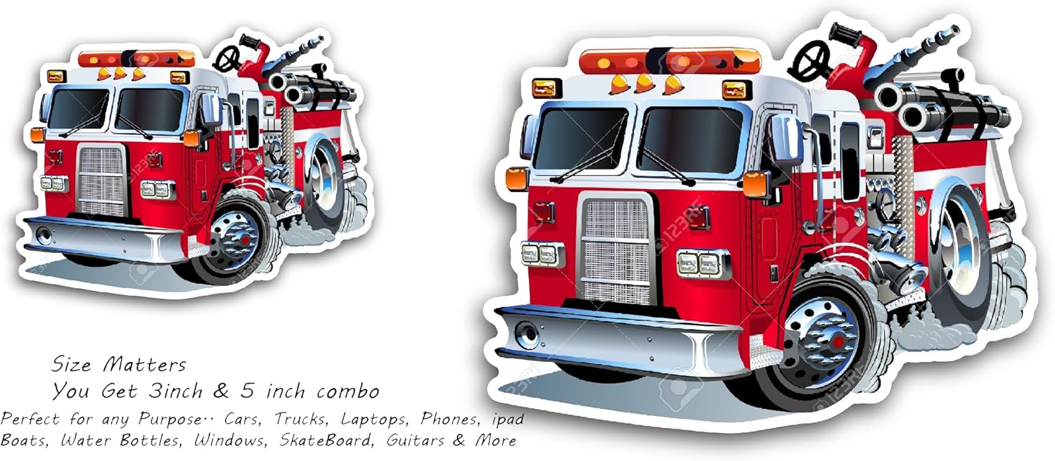 2 (Pieces) 3" and 5" Red Fire Truck Sticker, Waterproof Vinyl Decals for Many Purpose Like Cars, Trucks, Laptops, Phones, Windows and More