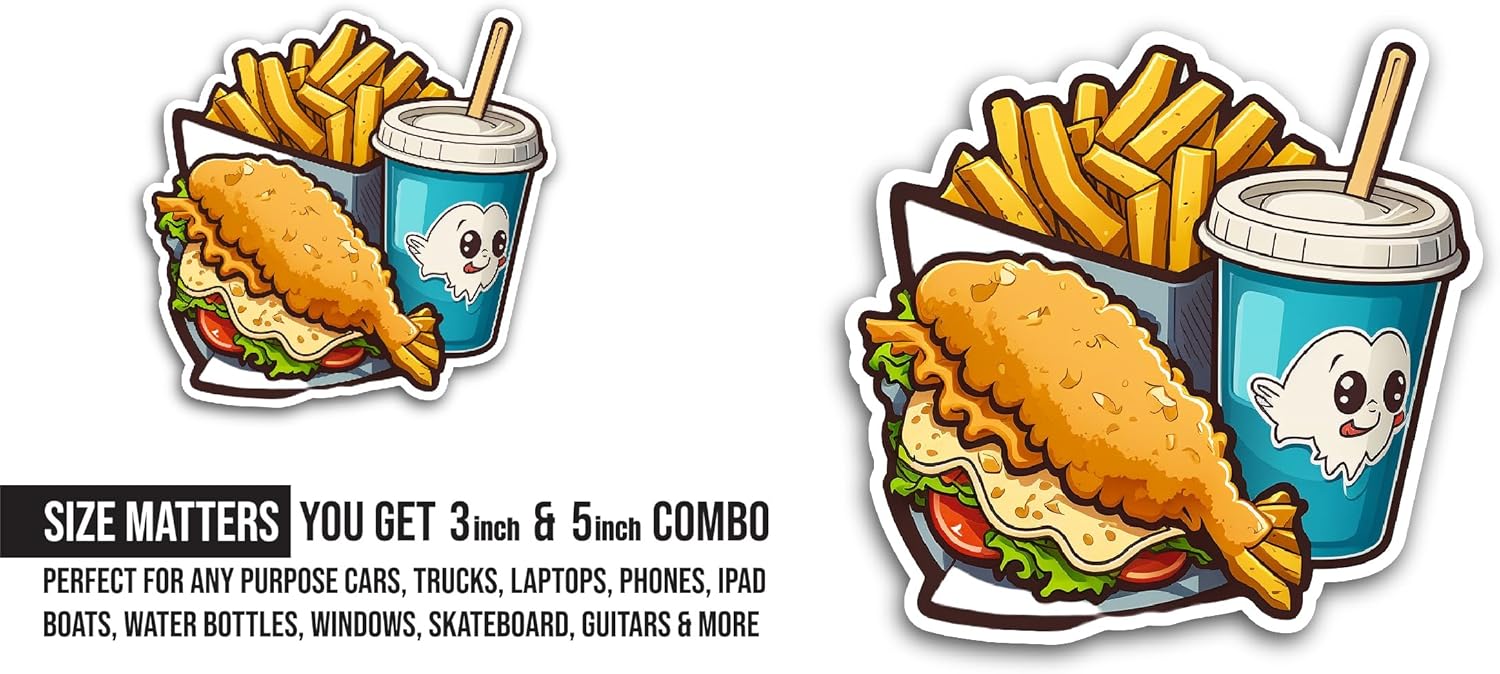 2 (Pieces) 3" and 5" Fish and Chips Sticker, Waterproof Vinyl Decals for Many Purpose Like Cars, Trucks, Laptops, Phones, Windows and More