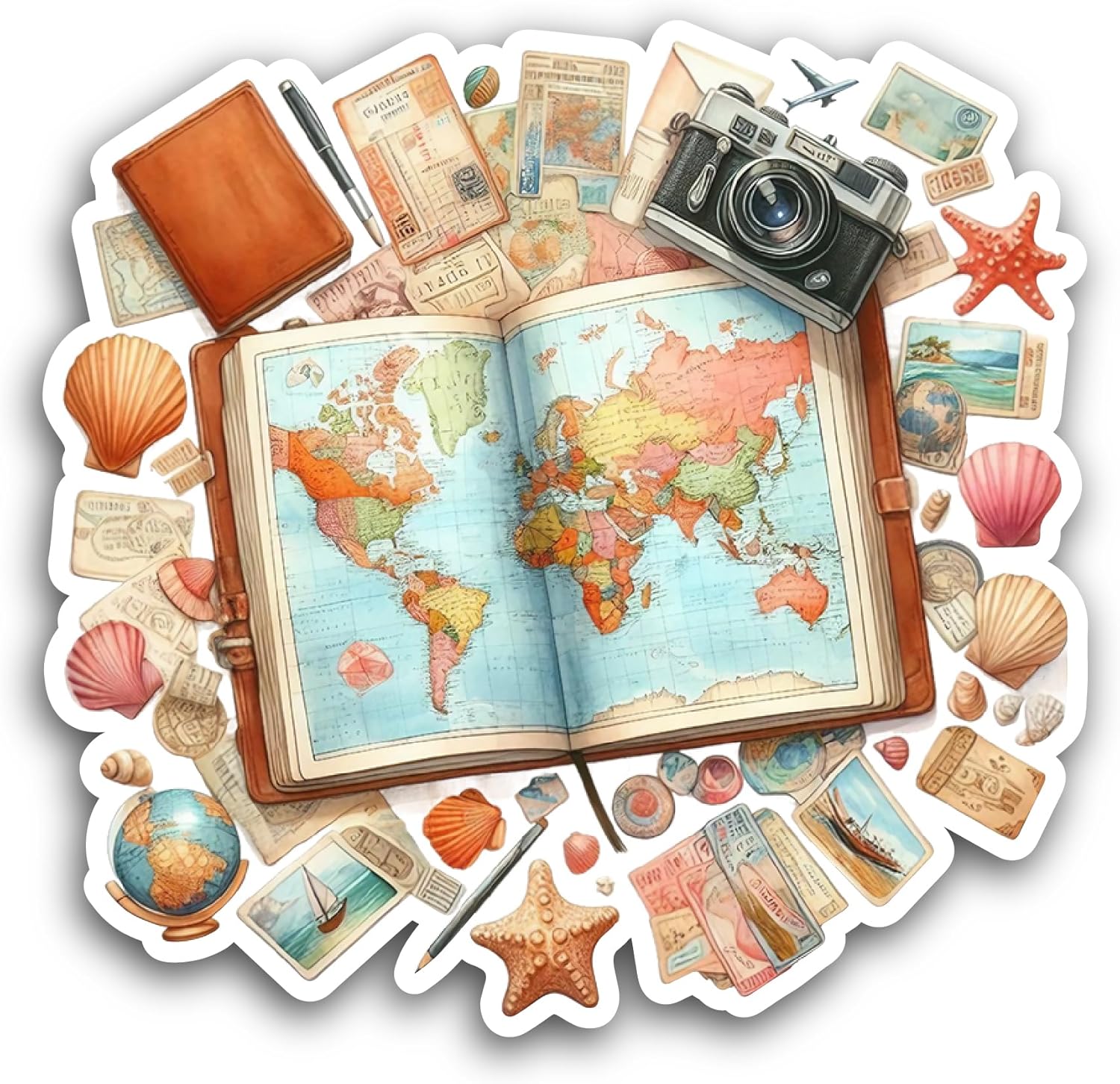 2 (Pieces) 3" and 5" World Map with Camera Sticker, Waterproof Vinyl Decals for Many Purpose Like Cars, Trucks, Laptops, Phones, Windows and More