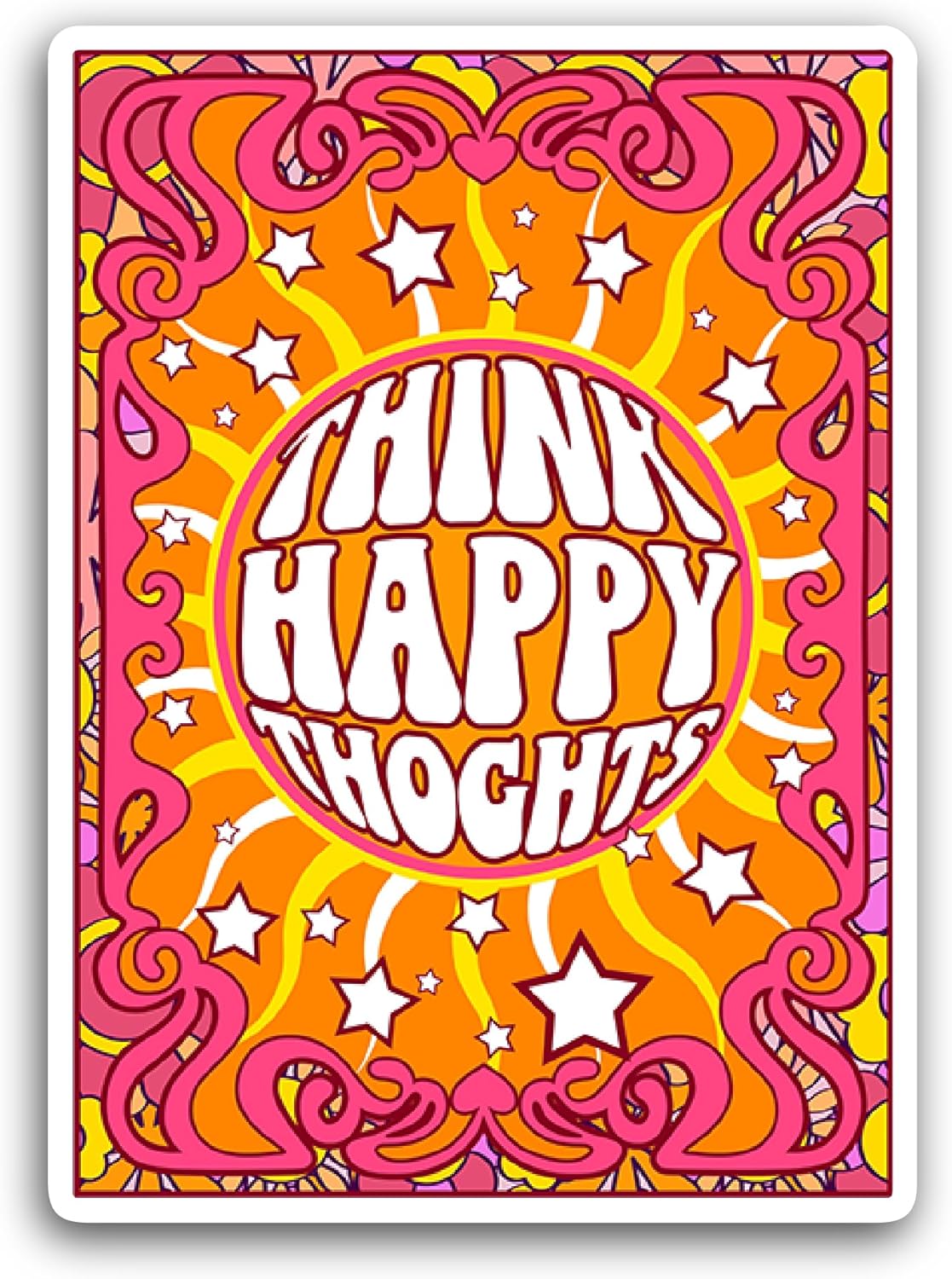 2 (Pieces) 3" and 5" Think Happy Thoughts Sticker, Waterproof Vinyl Decals for Many Purpose Like Cars, Trucks, Laptops, Phones, Windows and More