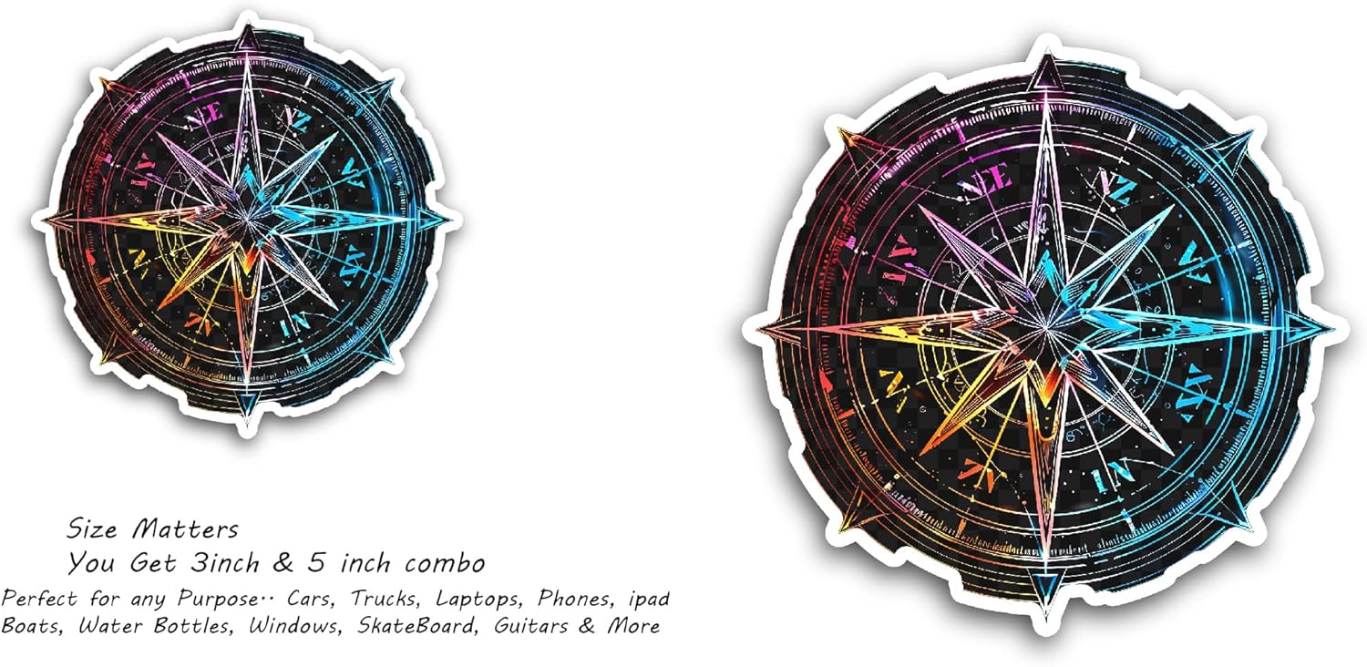 2 (Pieces) 3" and 5" Colorful Compass Sticker, Waterproof Vinyl Decals for Many Purpose Like Cars, Trucks, Laptops, Phones, Windows and More