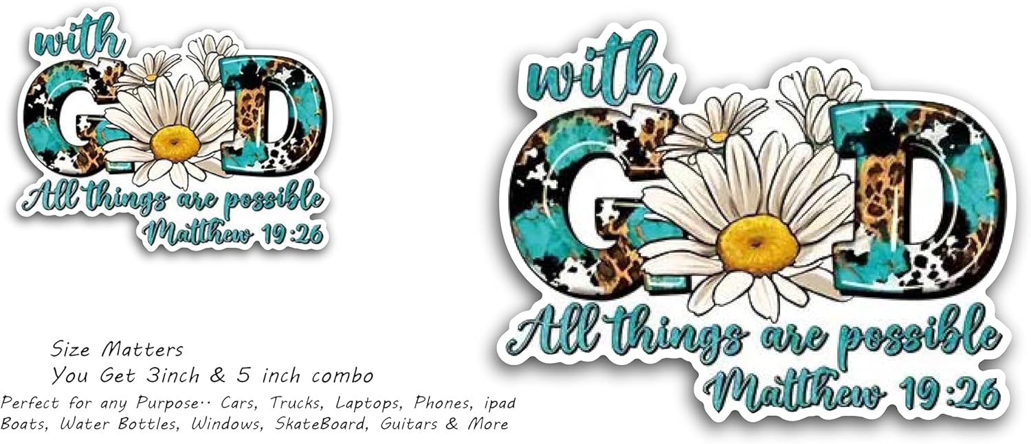 2 (Pieces) 3" and 5" with God All Things are Possible Decal Sticker, Waterproof Vinyl Decals for Many Purpose Like Cars, Trucks, Laptops, Phones, Windows and More