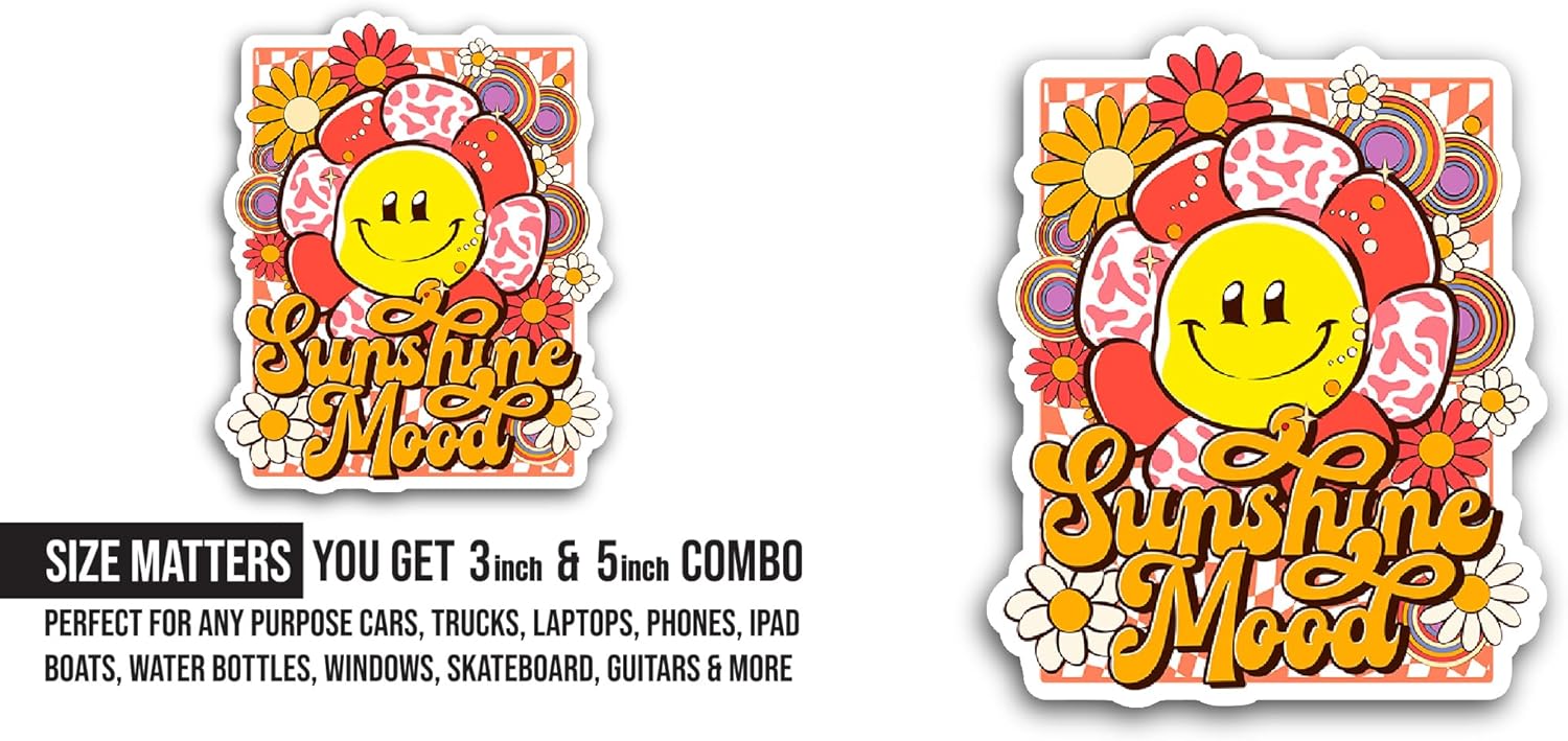 2 (Pieces) 3" and 5" Sunshine Mood Sticker, Waterproof Vinyl Decals for Many Purpose Like Cars, Trucks, Laptops, Phones, Windows and More