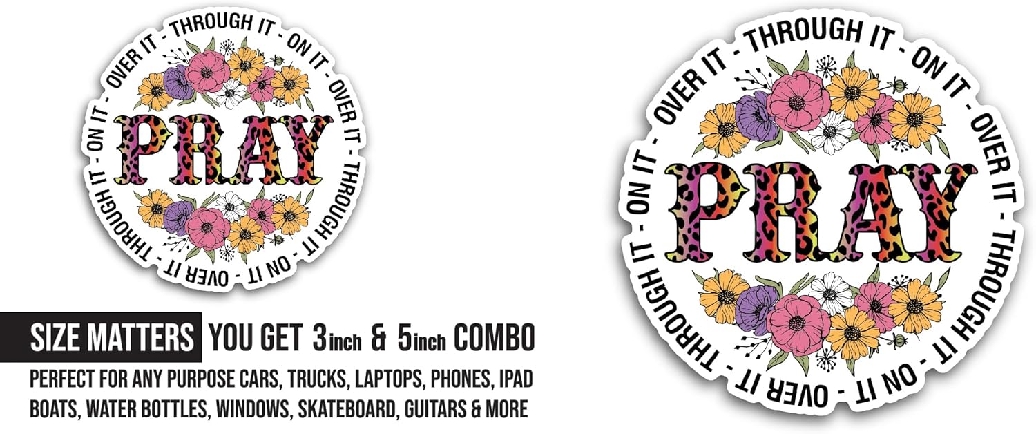 2 (Pieces) 3" and 5" Pray Text on Floral Background Sticker, Waterproof Vinyl Decals for Many Purpose Like Cars, Trucks, Laptops, Phones, Windows and More