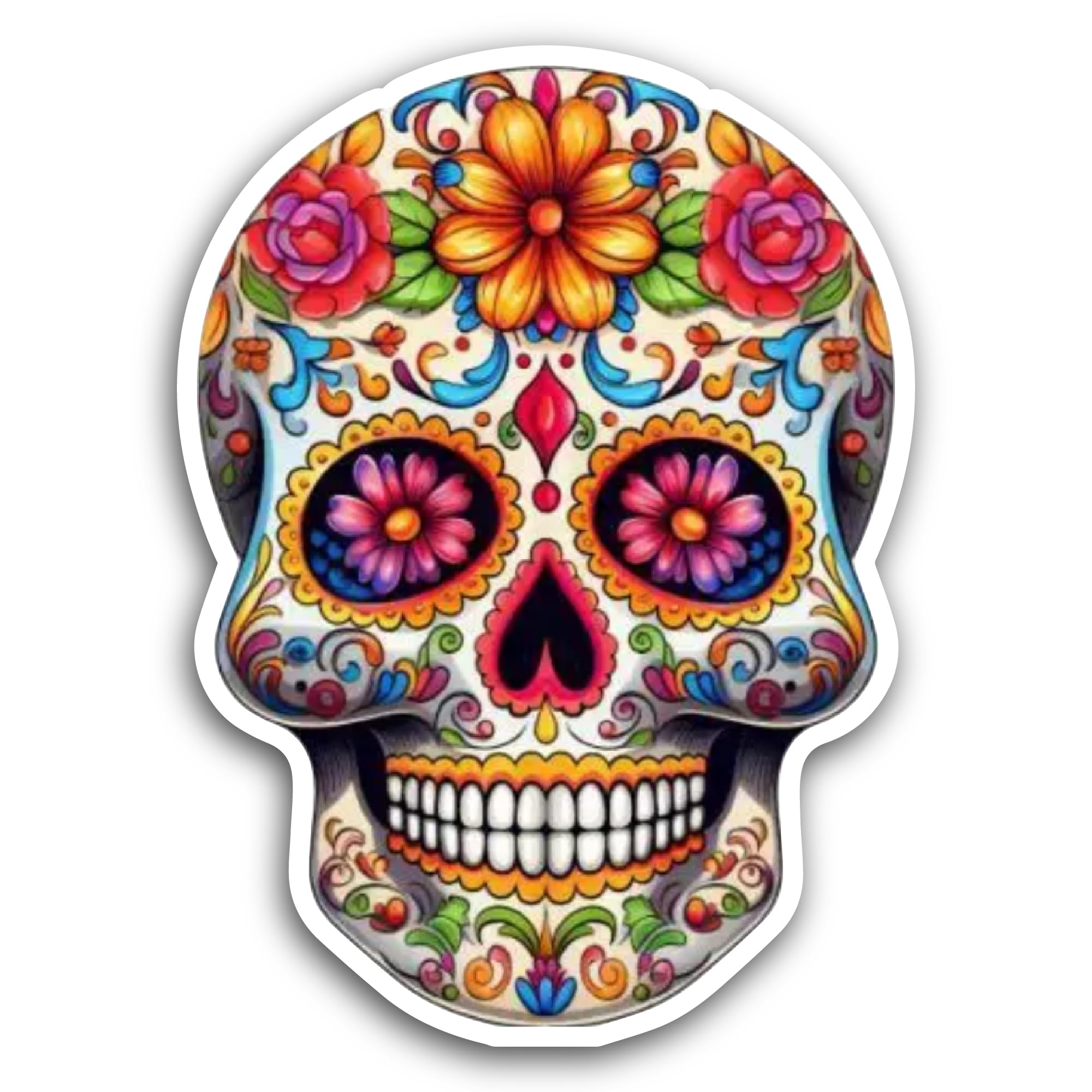 2 (Pieces) 3" and 5" Sugar Skull with Flowers Sticker, Waterproof Vinyl Decals for Many Purpose Like