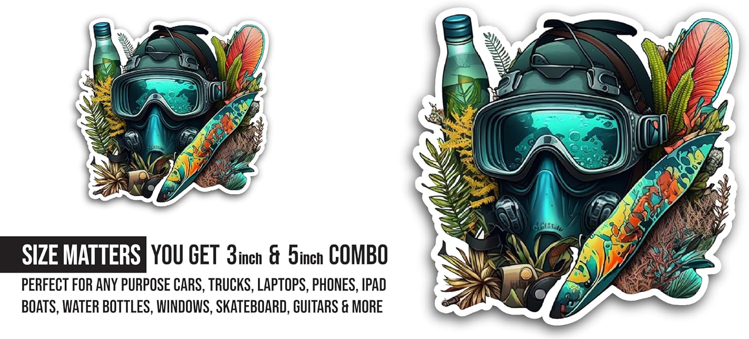 2 (Pieces) 3" and 5" Diving Helmet Sticker, Waterproof Vinyl Decals for Many Purpose Like Cars, Trucks, Laptops, Phones, Windows and More