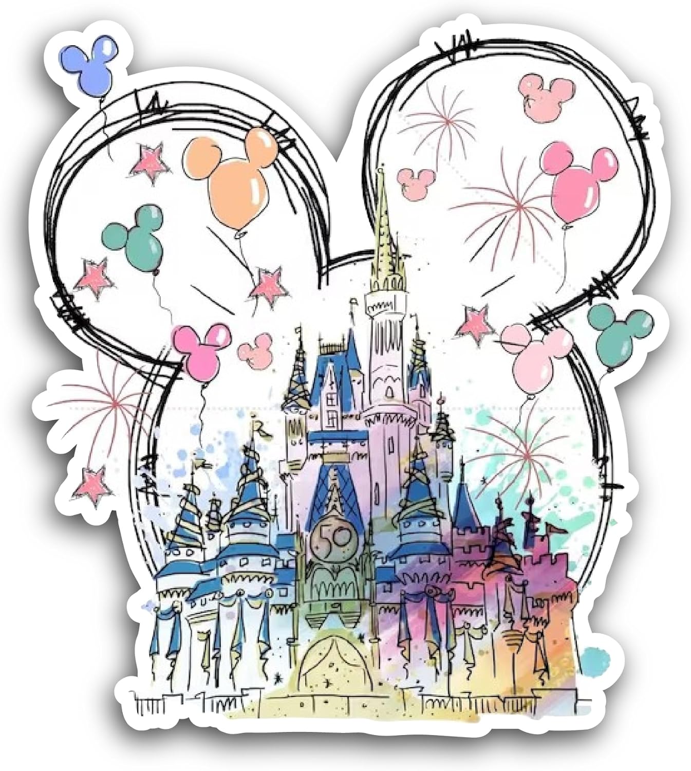 2 (Pieces) 3" and 5" Castle with Balloons Sticker, Waterproof Vinyl Decals for Many Purpose Like Cars, Trucks, Laptops, Phones, Windows and More