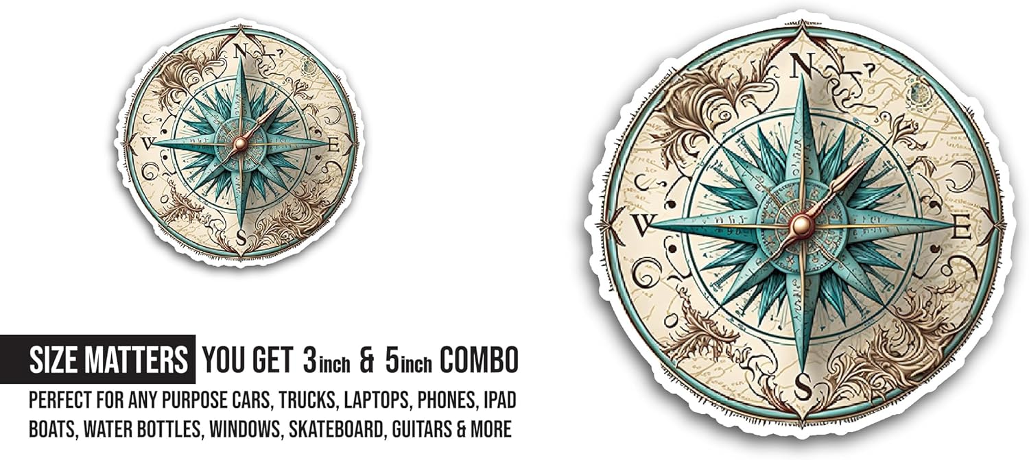 2 (Pieces) 3" and 5" Vintage Old Compass Sticker, Waterproof Vinyl Decals for Many Purpose Like Cars, Trucks, Laptops, Phones, Windows and More
