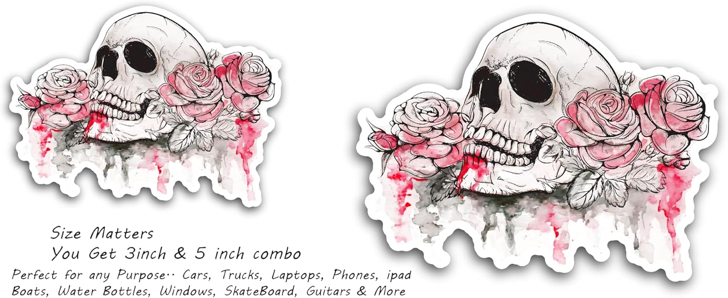 2 (Pieces) 3" and 5" Skeleton with Flowers Decal Sticker, Waterproof Vinyl Decals for Many Purpose Like Cars, Trucks, Laptops, Phones, Windows and More