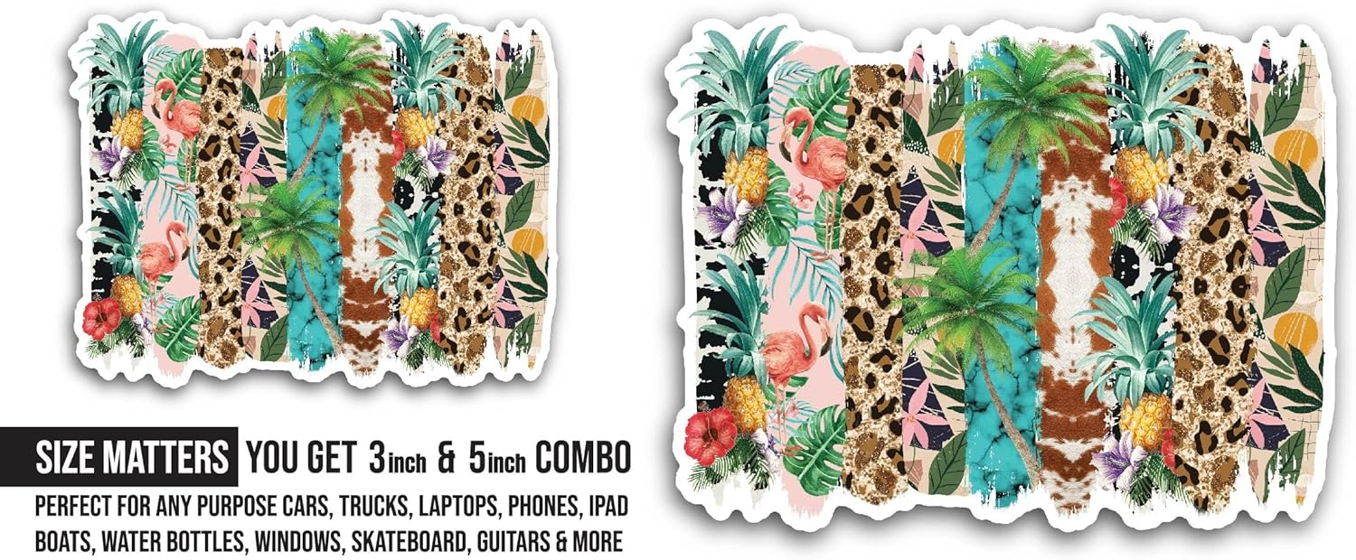 2 (Pieces) 3" and 5" Tropical Pattern Sticker, Waterproof Vinyl Decals for Many Purpose Like Cars, Trucks, Laptops, Phones, Windows and More