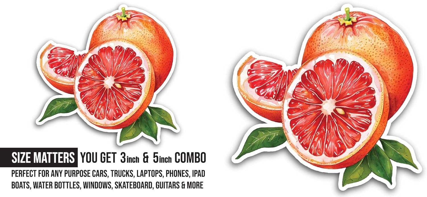 2 (Pieces) 3" and 5" Grapefruit Sticker, Waterproof Vinyl Decals for Many Purpose Like Cars, Trucks, Laptops, Phones, Windows and More