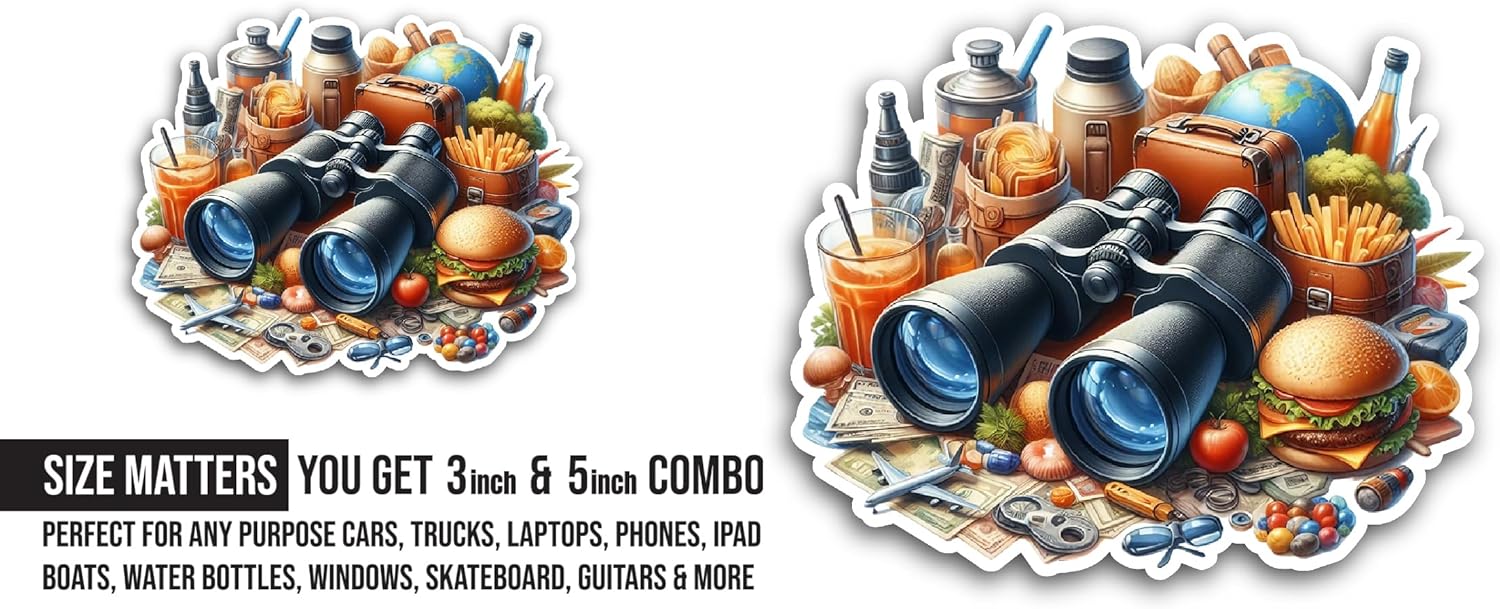 2 (Pieces) 3" and 5" Binocular with Foods Sticker, Waterproof Vinyl Decals for Many Purpose Like Cars, Trucks, Laptops, Phones, Windows and More