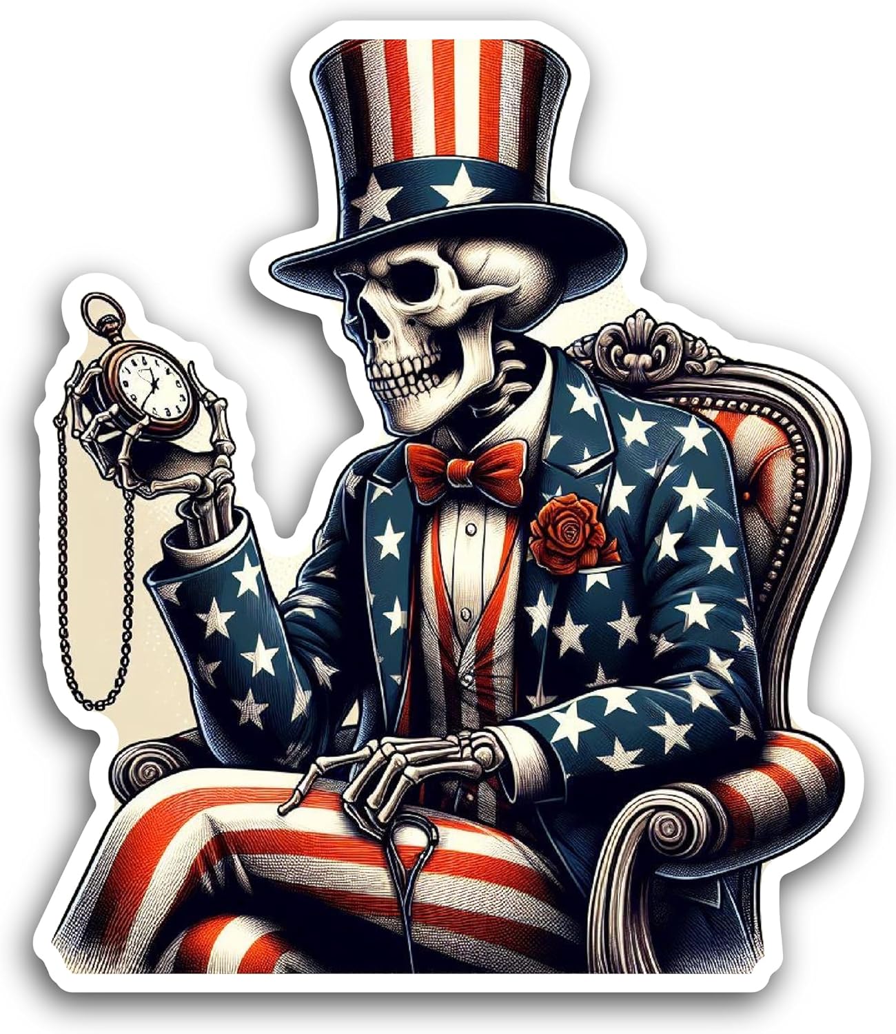 2 (Pieces) 3" and 5" Skeleton with a Hat and Timer in American Flag Decal Sticker, Waterproof Vinyl Decals for Many Purpose Like Cars, Trucks, Laptops, Phones, Windows and More