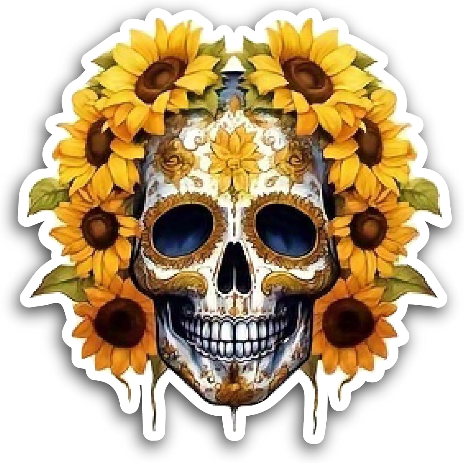 2 (Pieces) 3" and 5" Skull with Sunflowers Sticker, Waterproof Vinyl Decals for Many Purpose Like Cars, Trucks, Laptops, Phones, Windows and More