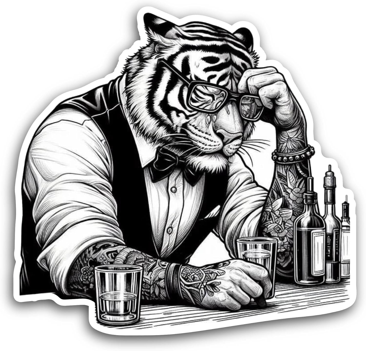 2 (Pieces) 3" and 5" Tiger Holding A Glass of Wine Sticker, Waterproof Vinyl Decals for Many Purpose Like Cars, Trucks, Laptops, Phones, Windows and More
