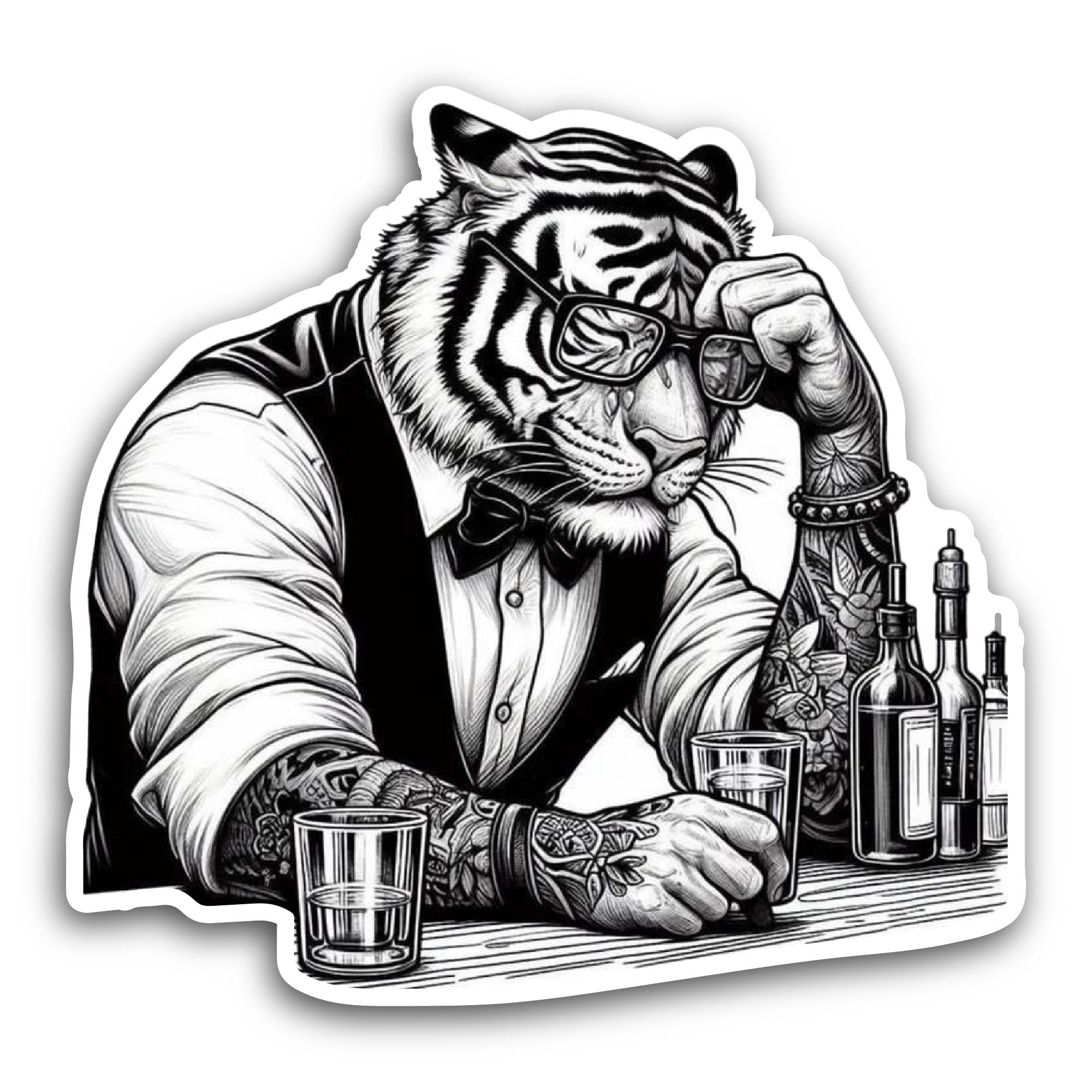 2 (Pieces) 3" and 5" Tiger Holding A Glass of Wine Sticker, Waterproof Vinyl Decals for Many Purpose