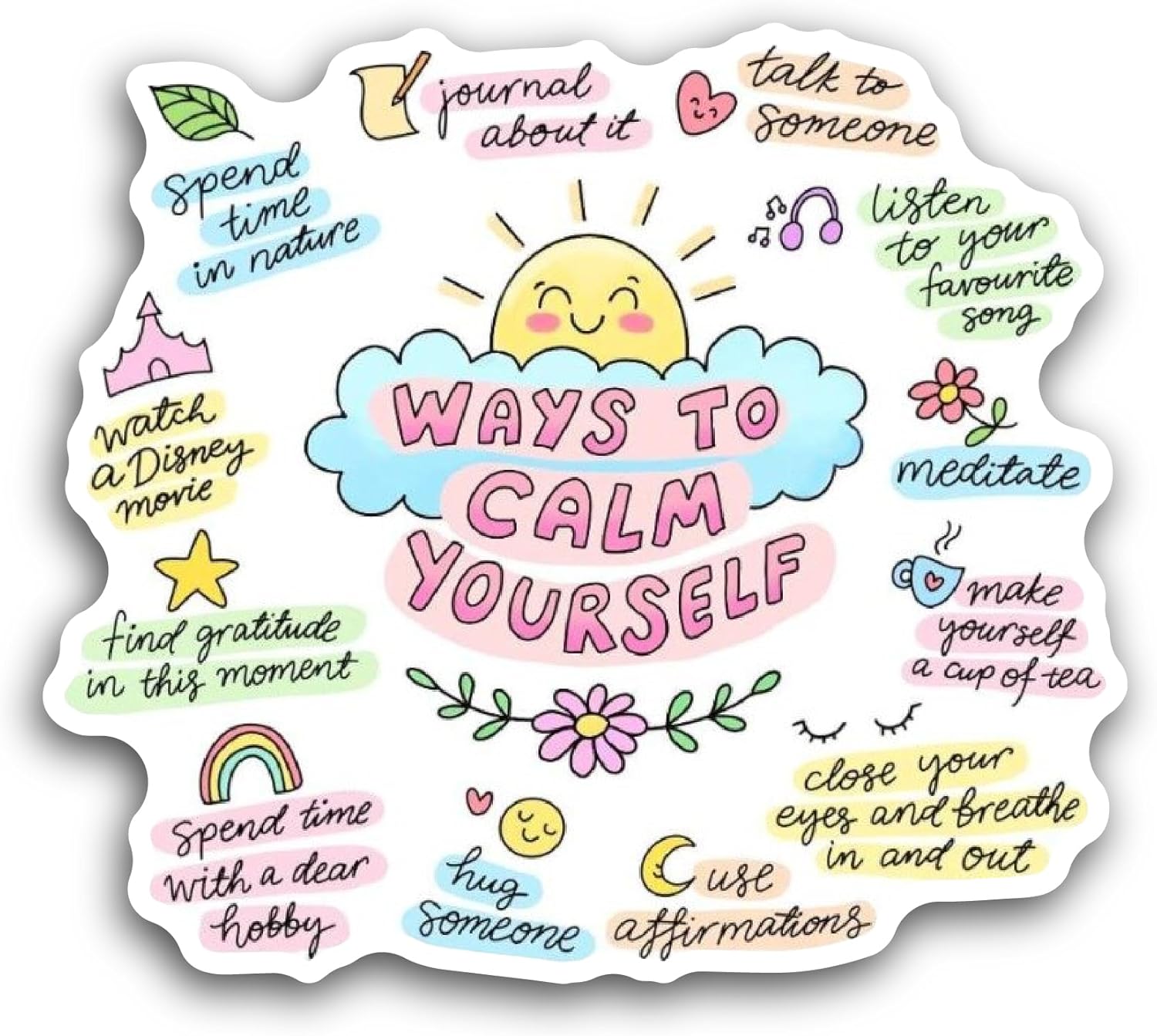 2 (Pieces) 3" and 5" Ways to Calm Yourself Text Sticker, Waterproof Vinyl Decals for Many Purpose Like Cars, Trucks, Laptops, Phones, Windows and More