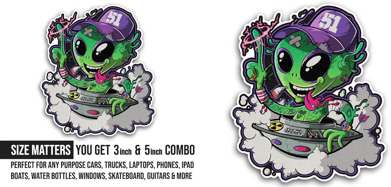 2 (Pieces) 3" and 5" Cartoon Alien Sticker, Waterproof Vinyl Decals for Many Purpose Like Cars, Trucks, Laptops, Phones, Windows and More