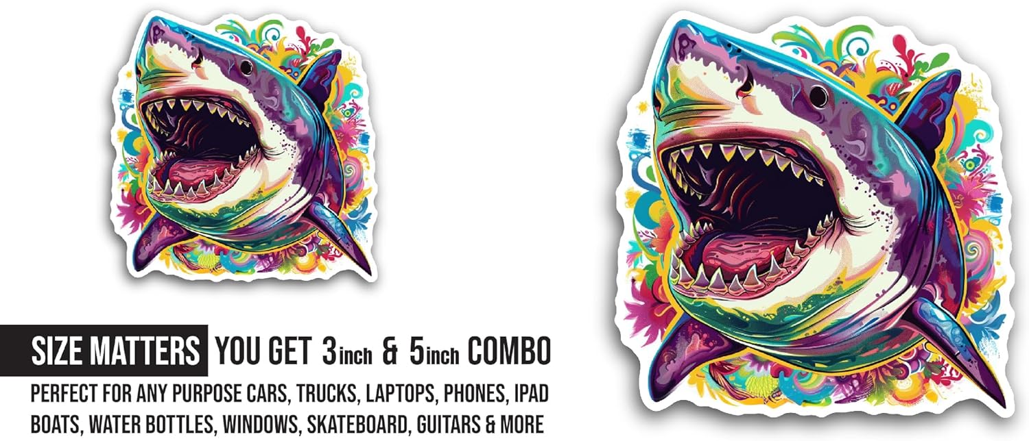 2 (Pieces) 3" and 5" Close Up of Shark Sticker, Waterproof Vinyl Decals for Many Purpose Like Cars, Trucks, Laptops, Phones, Windows and More