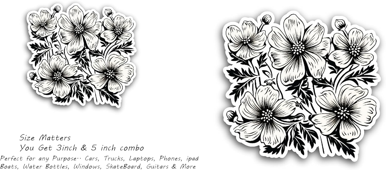 2 (Pieces) 3" and 5" Black and White Flower Bunch Sticker, Waterproof Vinyl Decals for Many Purpose Like Cars, Trucks, Laptops, Phones, Windows and More