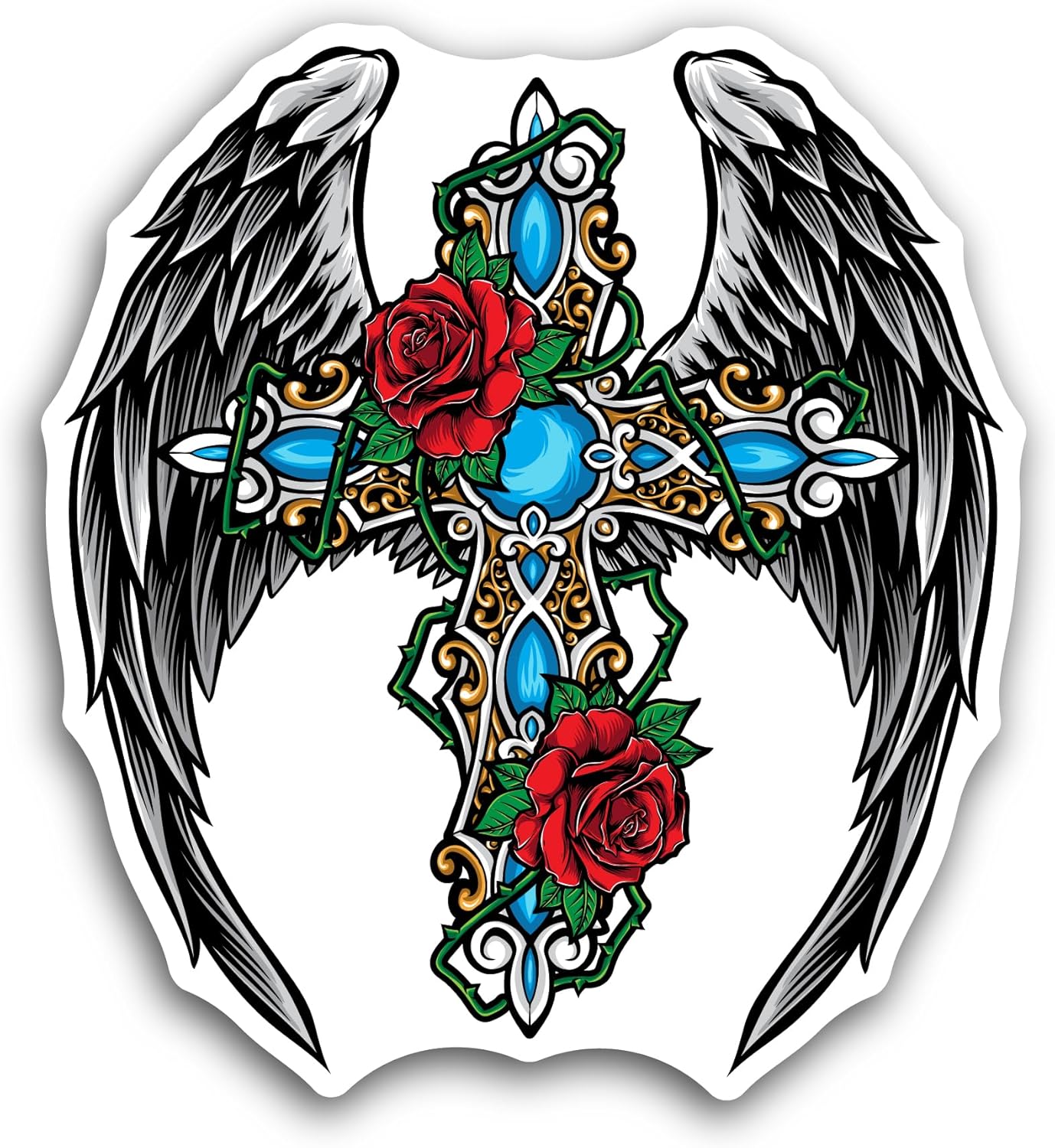 2 (Pieces) 3" and 5" Cross with Roses Sticker, Waterproof Vinyl Decals for Many Purpose Like Cars, Trucks, Laptops, Phones, Windows and More