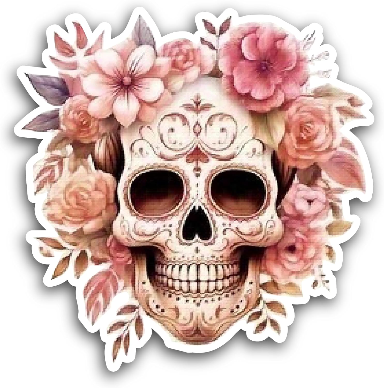 2 (Pieces) 3" and 5" Skull with Orchids Sticker, Waterproof Vinyl Decals for Many Purpose Like Cars, Trucks, Laptops, Phones, Windows and More