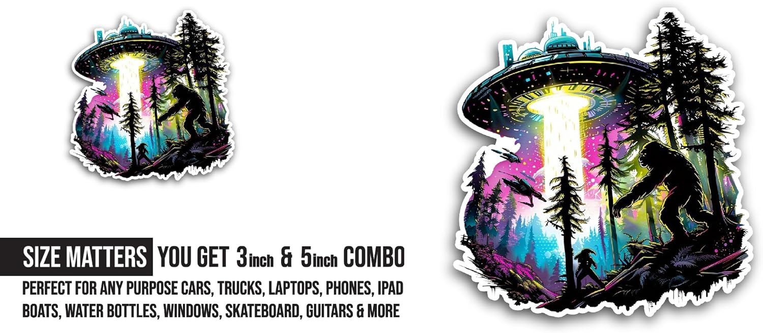 2 (Pieces) 3" and 5" UFO Bigfoot Sticker, Waterproof Vinyl Decals for Many Purpose Like Cars, Trucks, Laptops, Phones, Windows and More