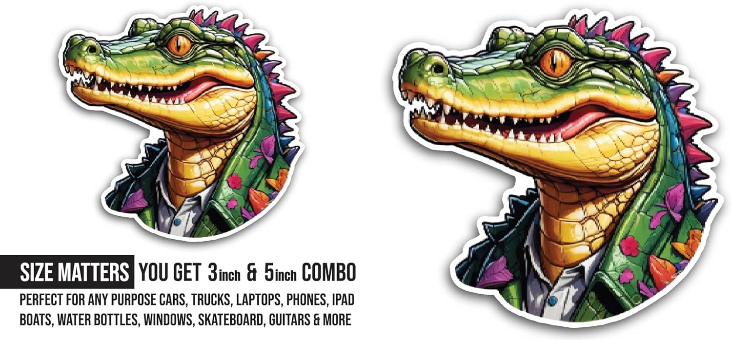 2 (Pieces) 3" and 5" Cartoon Crocodile Head Sticker, Waterproof Vinyl Decals for Many Purpose Like Cars, Trucks, Laptops, Phones, Windows and More