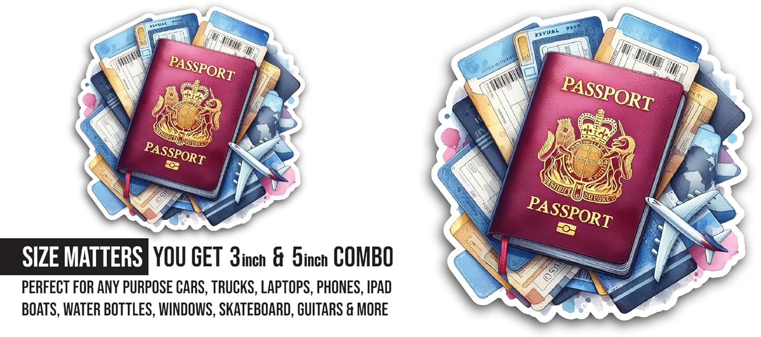 2 (Pieces) 3" and 5" Passport Sticker, Waterproof Vinyl Decals for Many Purpose Like Cars, Trucks, Laptops, Phones, Windows and More
