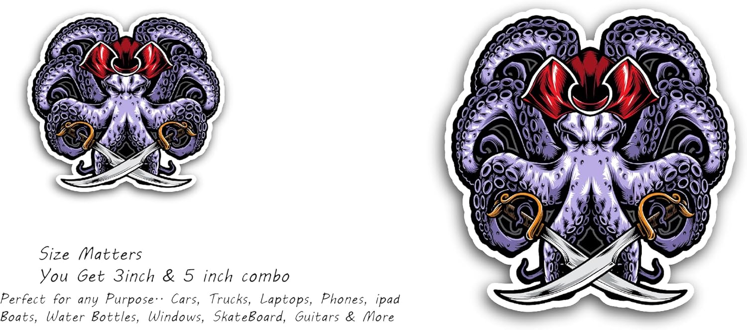2 (Pieces) 3" and 5" Pirate Octopus Sticker, Waterproof Vinyl Decals for Many Purpose Like Cars, Trucks, Laptops, Phones, Windows and More