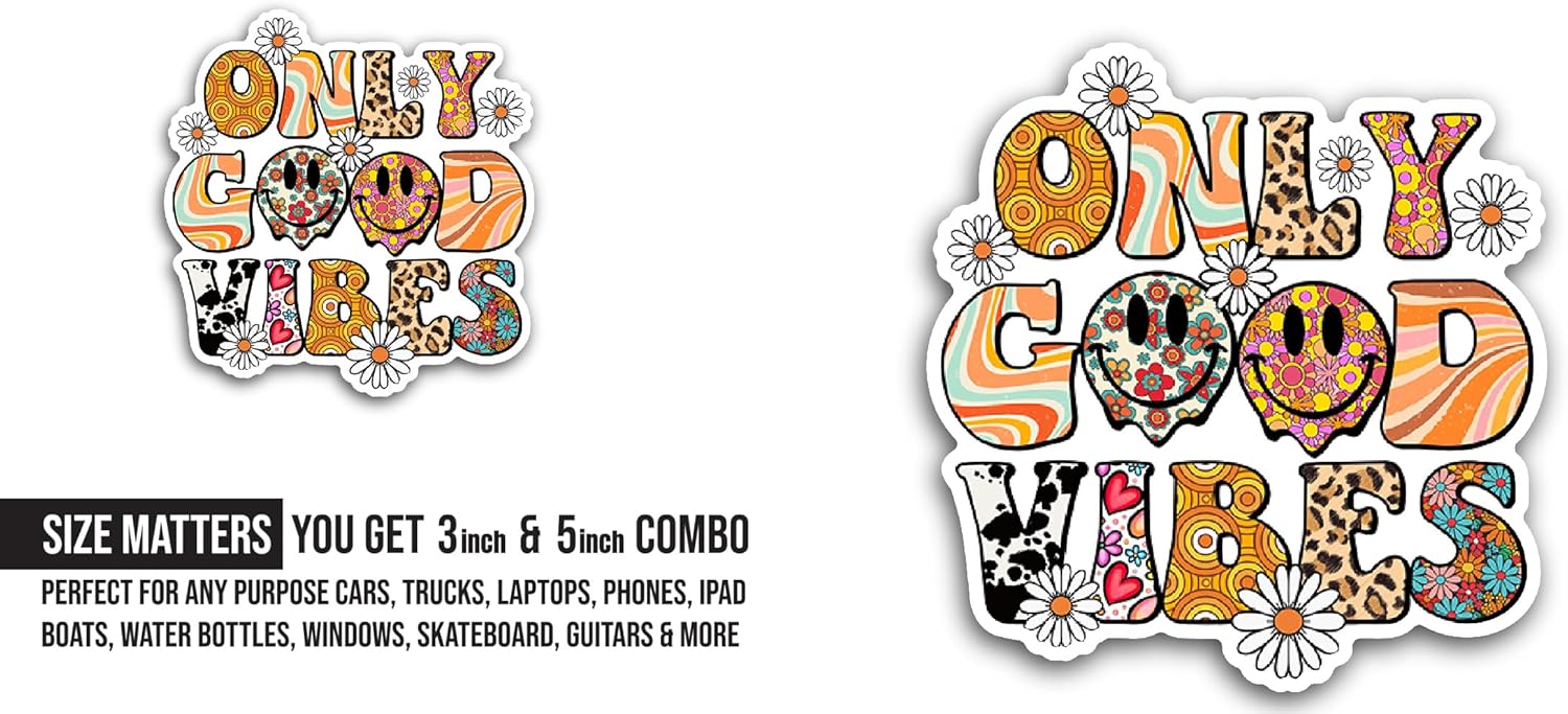 2 (Pieces) 3" and 5" Only Good Vibes Sticker, Waterproof Vinyl Decals for Many Purpose Like Cars, Trucks, Laptops, Phones, Windows and More