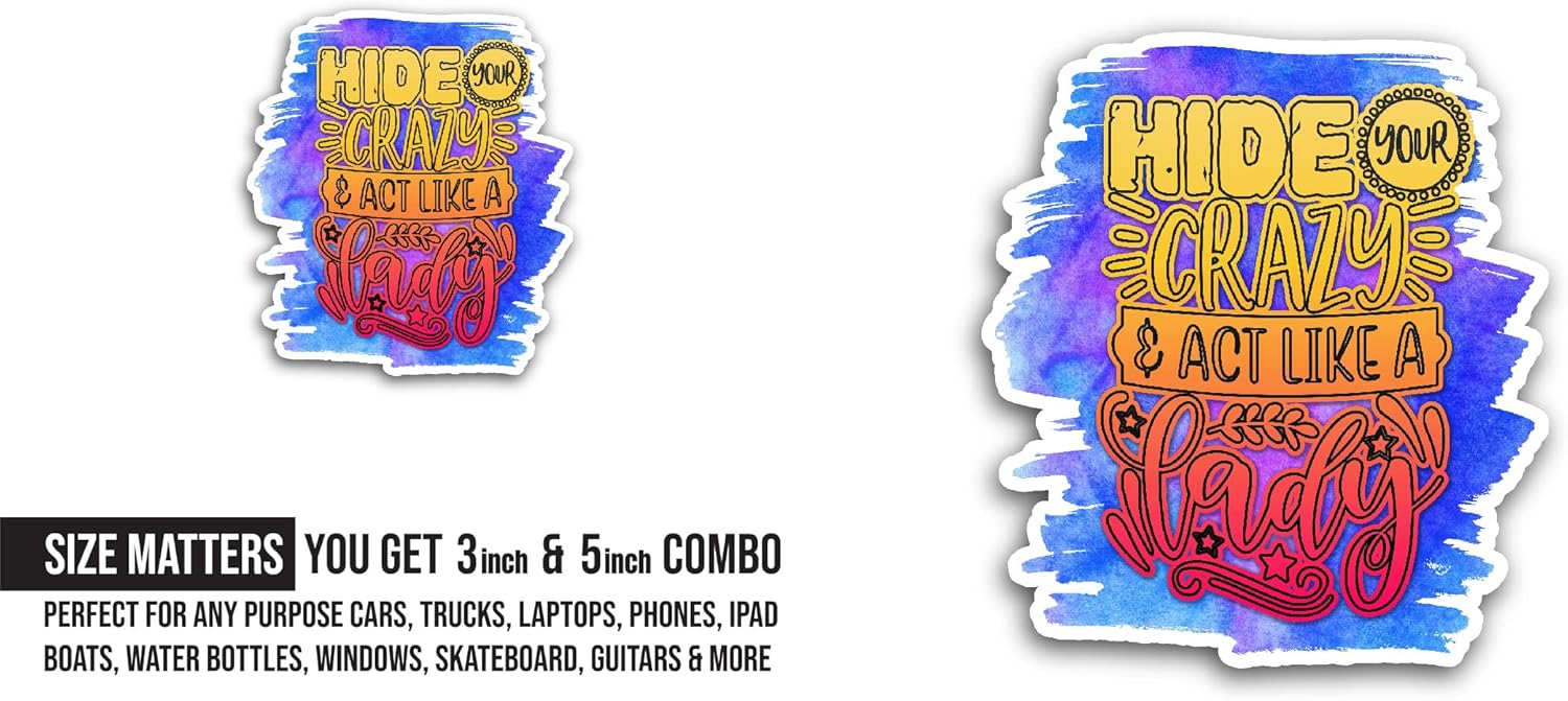 2 (Pieces) 3" and 5" Hide Your Crazy Sticker, Waterproof Vinyl Decals for Many Purpose Like Cars, Trucks, Laptops, Phones, Windows and More