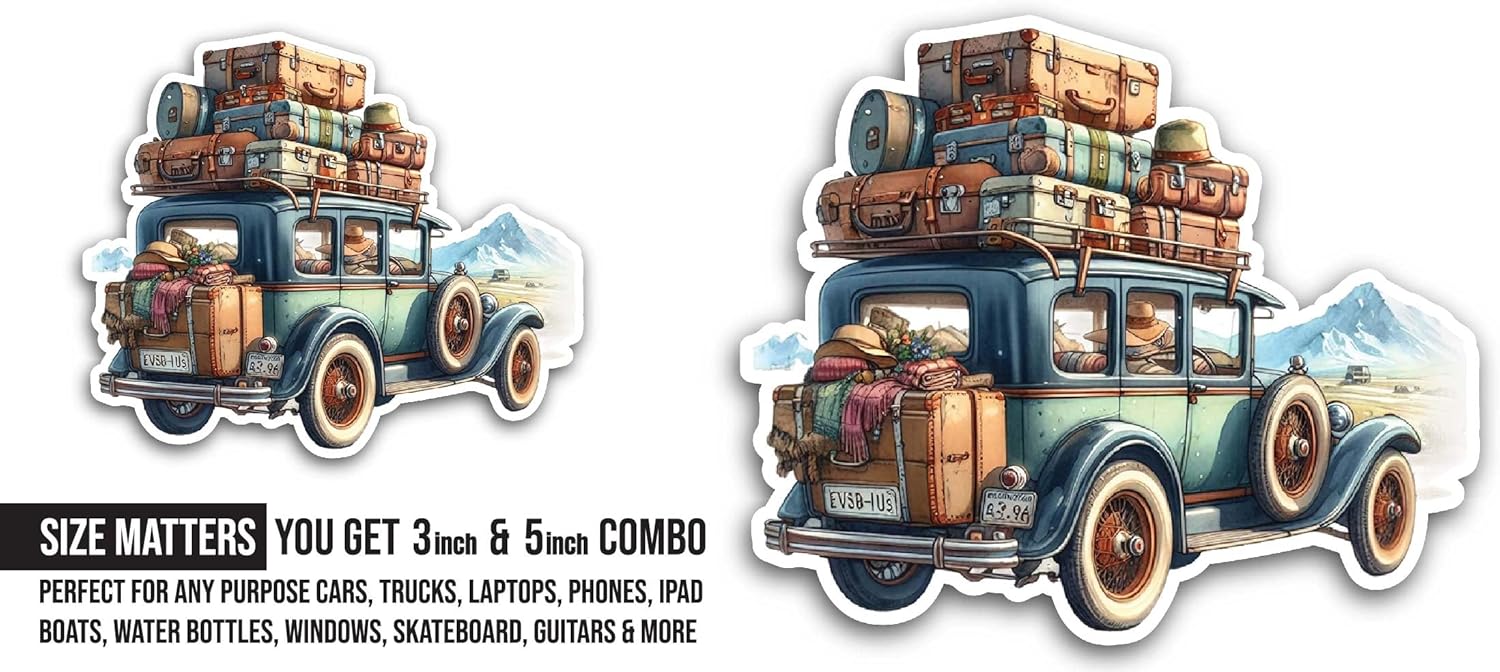 2 (Pieces) 3" and 5" Car with Luggage On Top Sticker, Waterproof Vinyl Decals for Many Purpose Like Cars, Trucks, Laptops, Phones, Windows and More