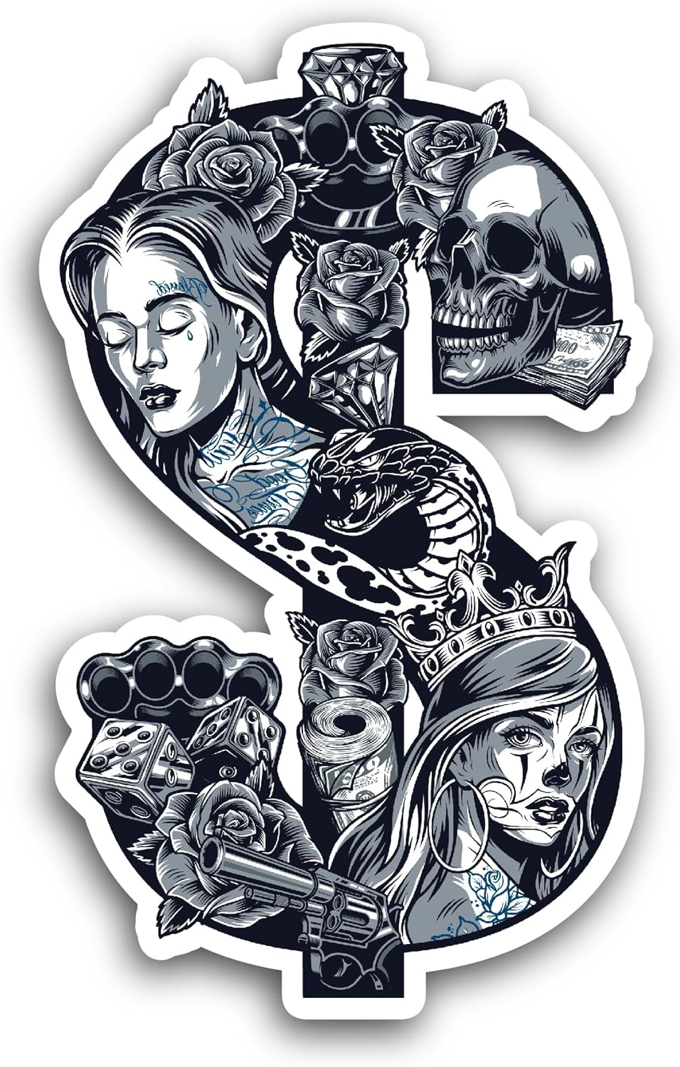 2 (Pieces) 3" and 5" Chicano Dollar Sign Sticker, Waterproof Vinyl Decals for Many Purpose Like Cars, Trucks, Laptops, Phones, Windows and More