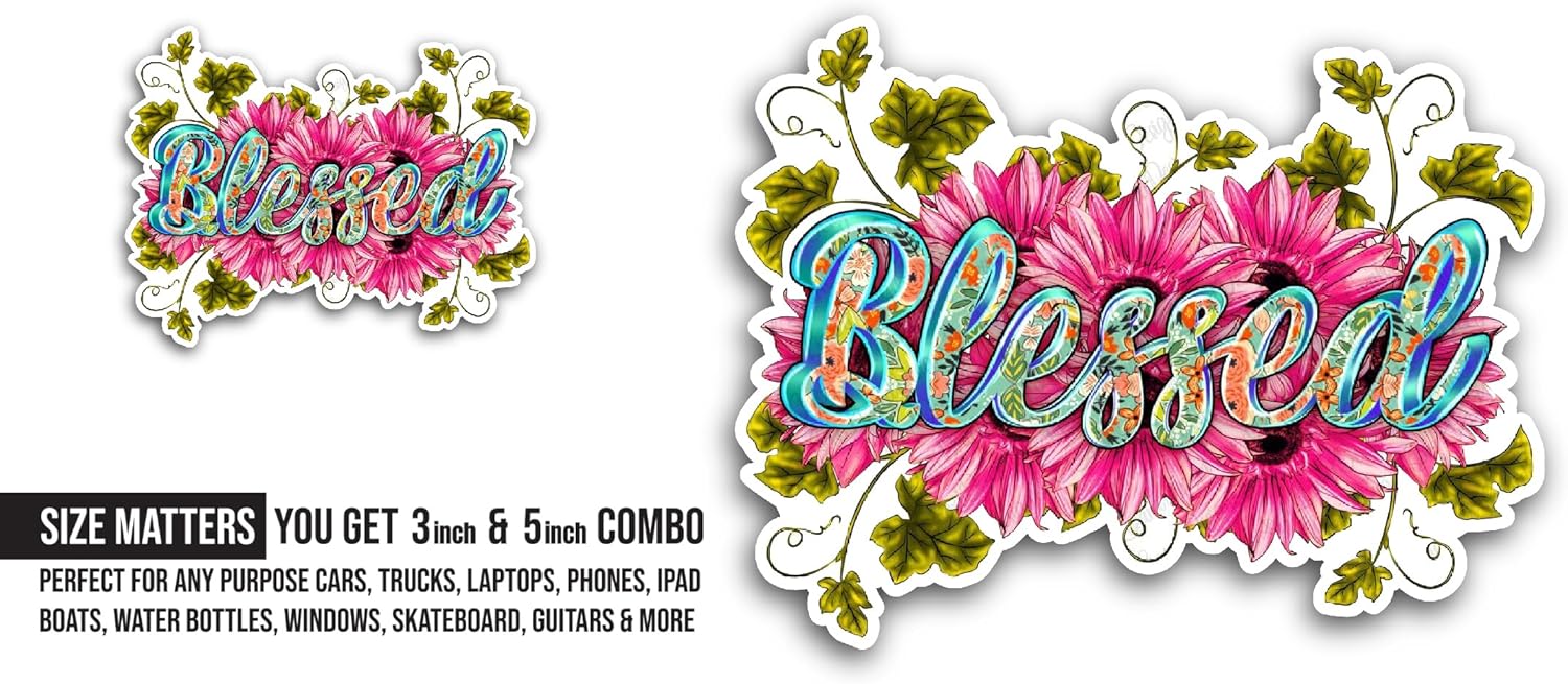 2 (Pieces) 3" and 5" Blessed Text Sticker, Waterproof Vinyl Decals for Many Purpose Like Cars, Trucks, Laptops, Phones, Windows and More