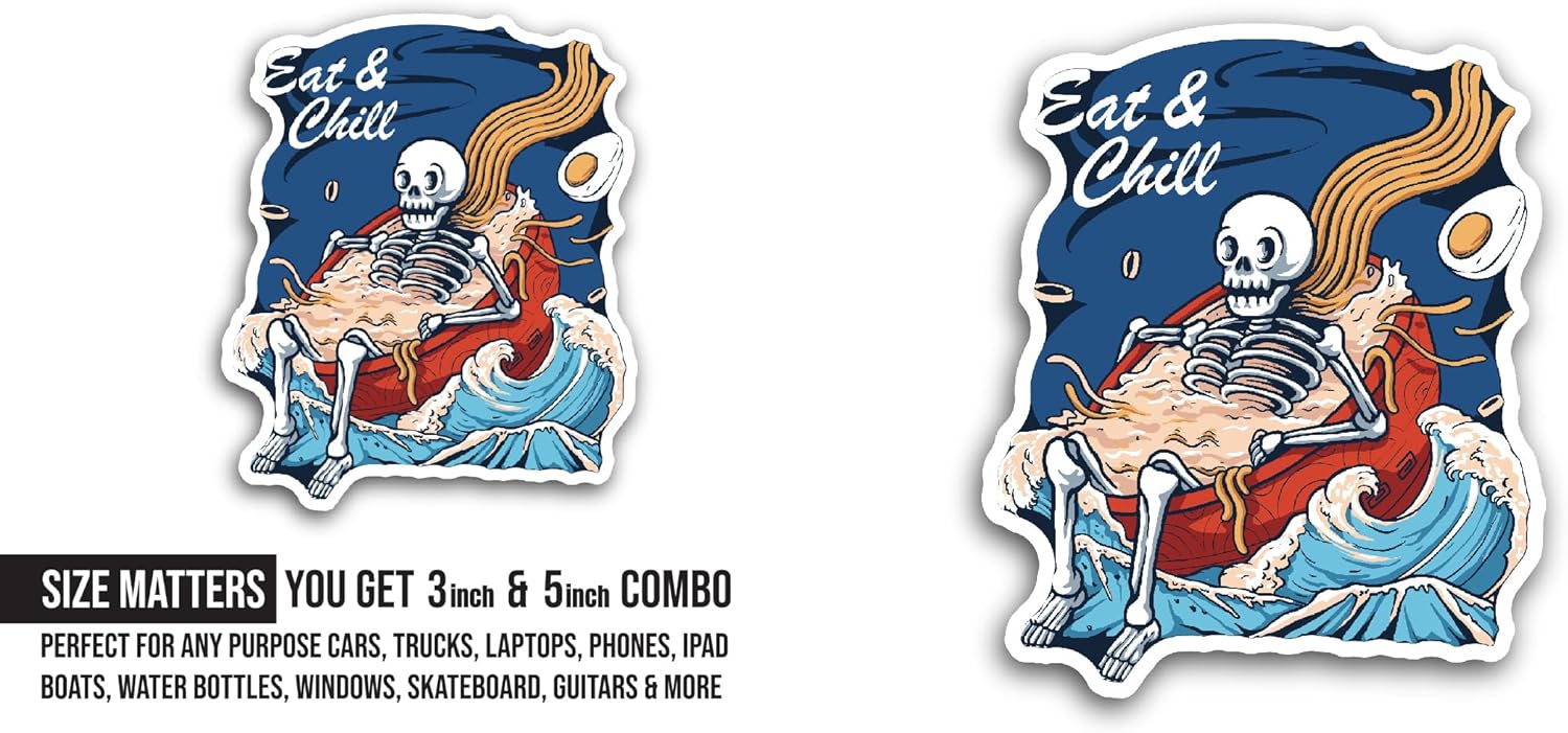 2 (Pieces) 3" and 5" Skeleton is Soaking in The Noodle Bowl Sticker, Waterproof Vinyl Decals for Many Purpose Like Cars, Trucks, Laptops, Phones, Windows and More