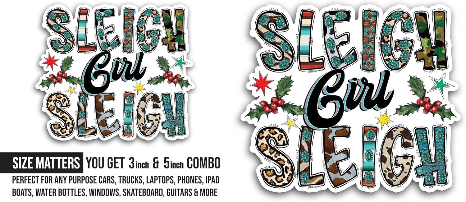2 (Pieces) 3" and 5" Sleigh Girl Sleigh Sticker, Waterproof Vinyl Decals for Many Purpose Like Cars, Trucks, Laptops, Phones, Windows and More