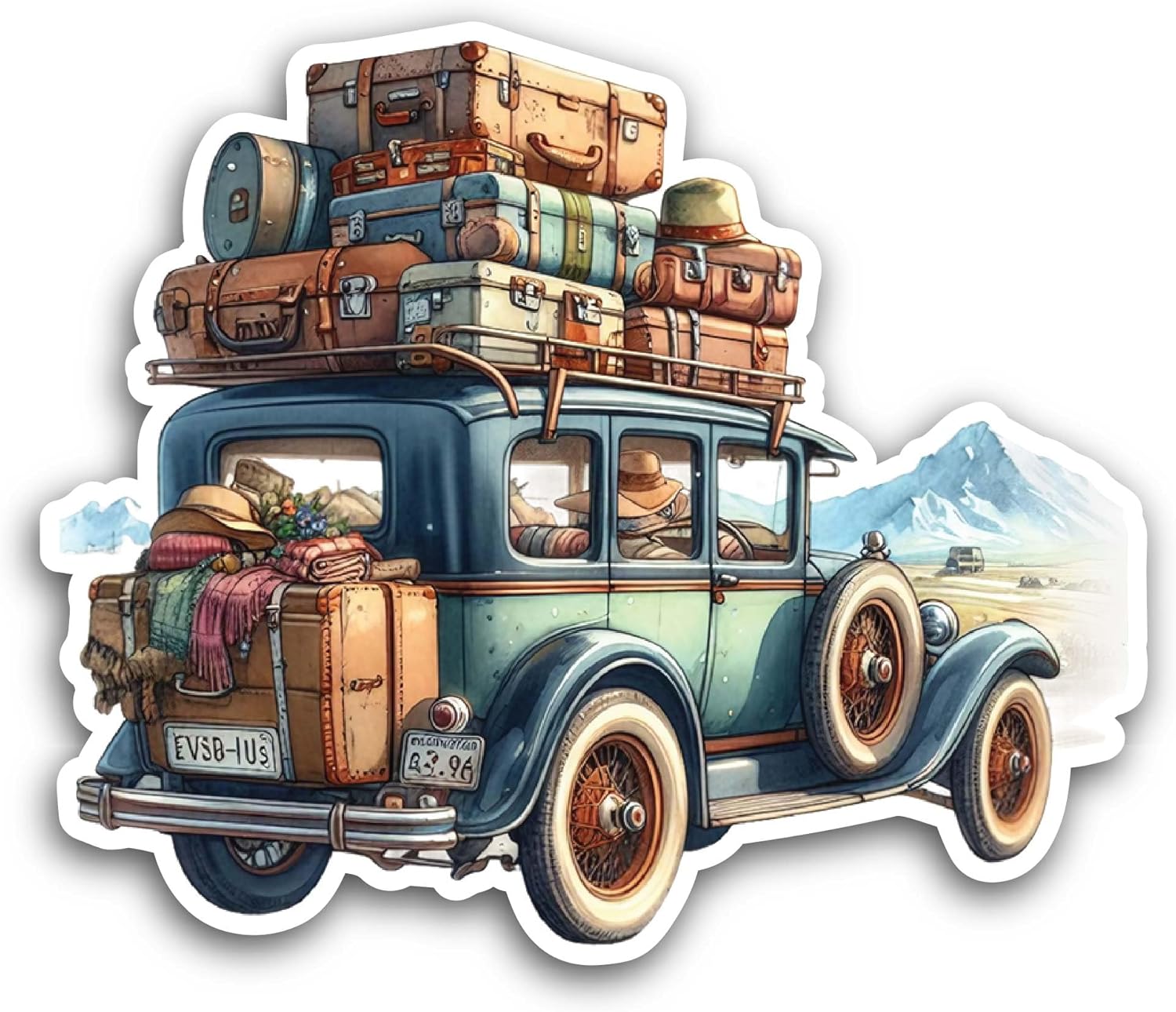 2 (Pieces) 3" and 5" Car with Luggage On Top Sticker, Waterproof Vinyl Decals for Many Purpose Like Cars, Trucks, Laptops, Phones, Windows and More