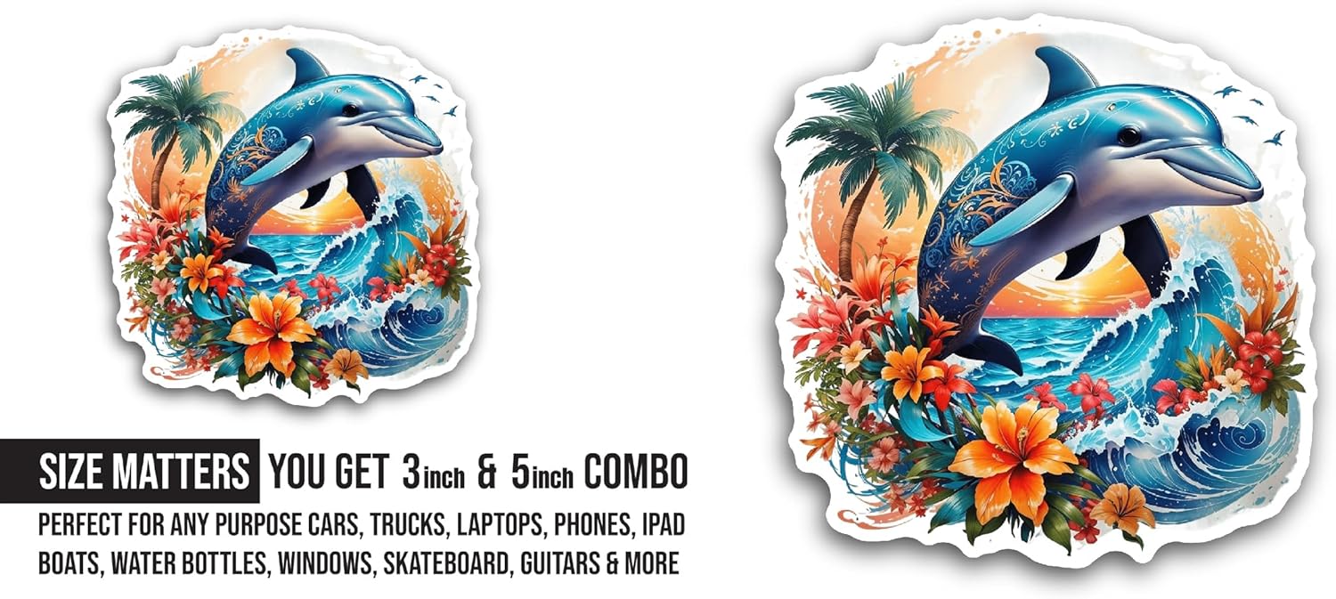2 (Pieces) 3" and 5" Dolphin in The Ocean Sticker, Waterproof Vinyl Decals for Many Purpose Like Cars, Trucks, Laptops, Phones, Windows and More