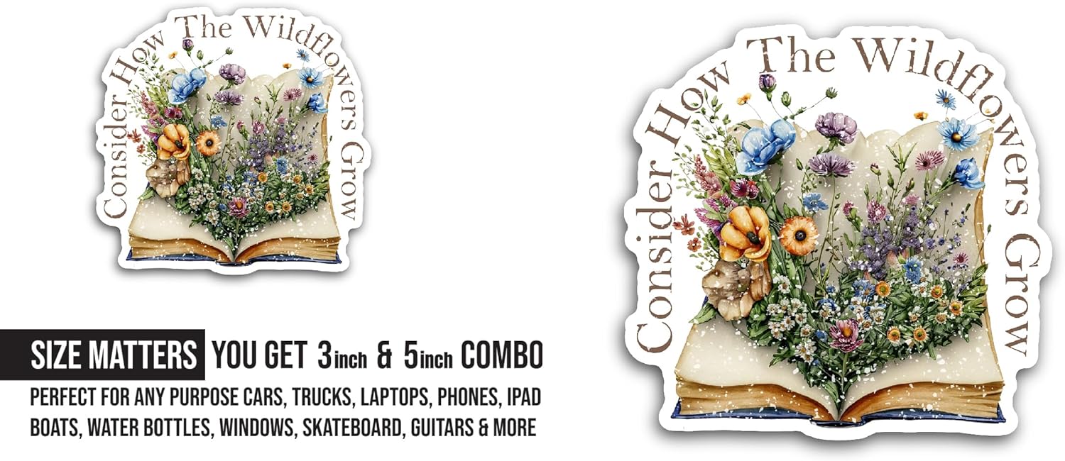 2 (Pieces) 3" and 5" Book with Flowers Sticker, Waterproof Vinyl Decals for Many Purpose Like Cars, Trucks, Laptops, Phones, Windows and More