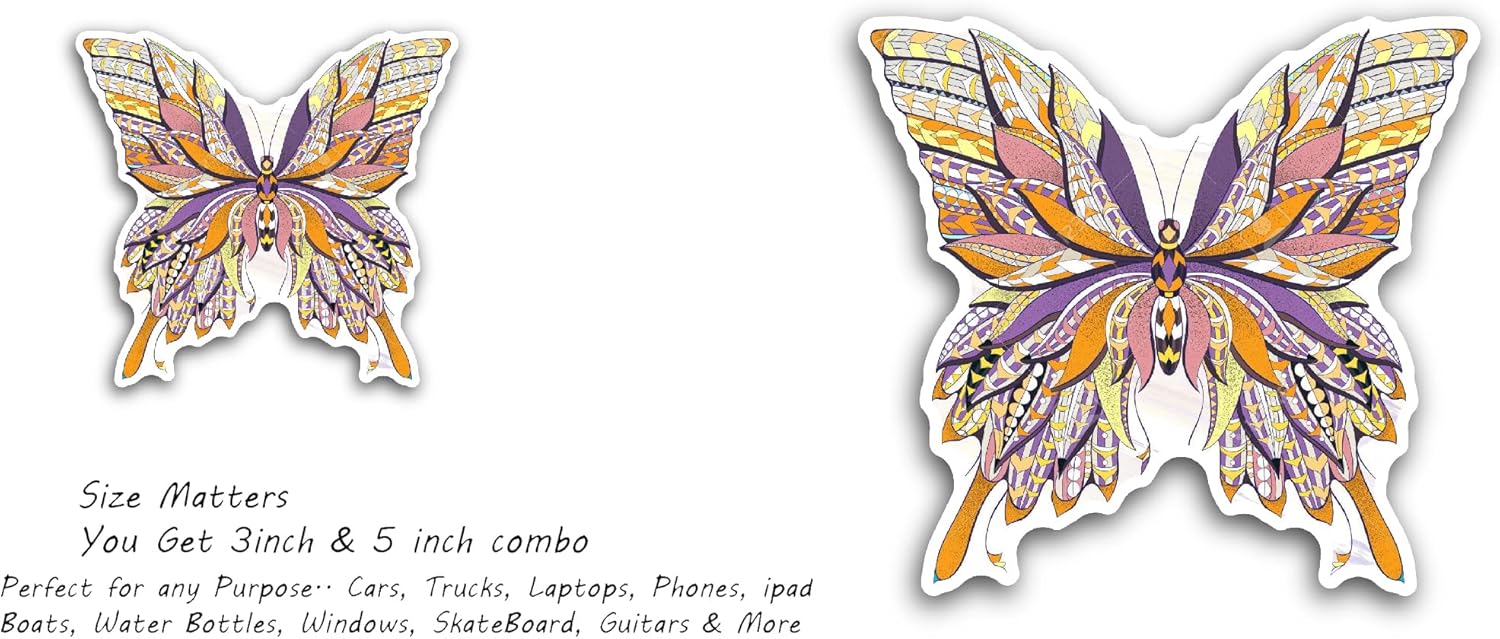 2 (Pieces) 3" and 5" Butterfly Sticker, Waterproof Vinyl Decals for Many Purpose Like Cars, Trucks, Laptops, Phones, Windows and More