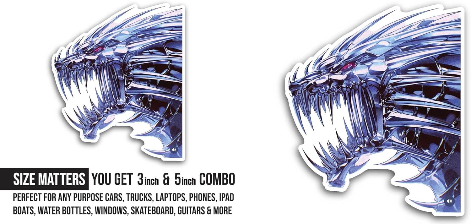 2 (Pieces) 3" and 5" Metal Dragon Sticker, Waterproof Vinyl Decals for Many Purpose Like Cars, Trucks, Laptops, Phones, Windows and More