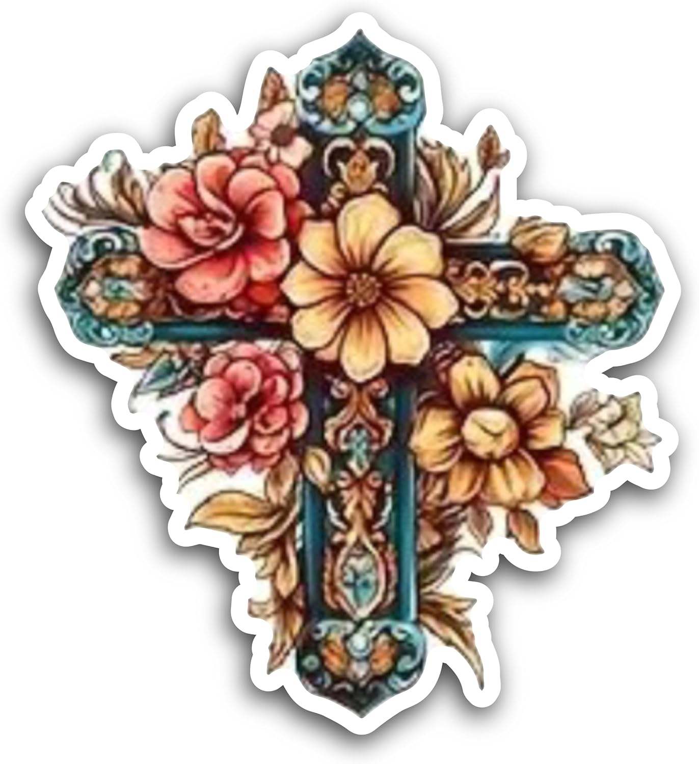 2 (Pieces) 3" and 5" Cross with Colorful Flowers Decal Sticker, Waterproof Vinyl Decals for Many Purpose Like Cars, Trucks, Laptops, Phones, Windows and More