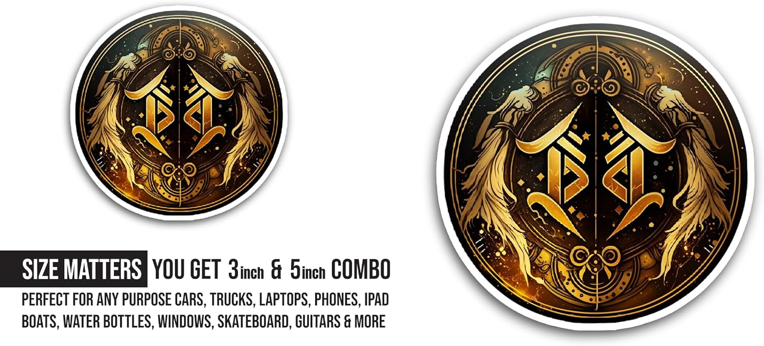 2 (Pieces) 3" and 5" Gold Ornamental Design Sticker, Waterproof Vinyl Decals for Many Purpose Like Cars, Trucks, Laptops, Phones, Windows and More