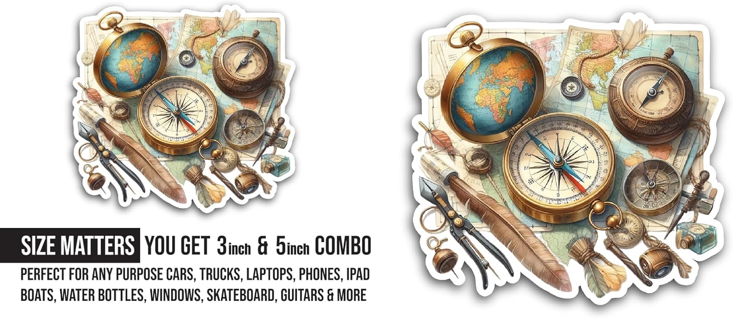 2 (Pieces) 3" and 5" Map with Compass Sticker, Waterproof Vinyl Decals for Many Purpose Like Cars, Trucks, Laptops, Phones, Windows and More