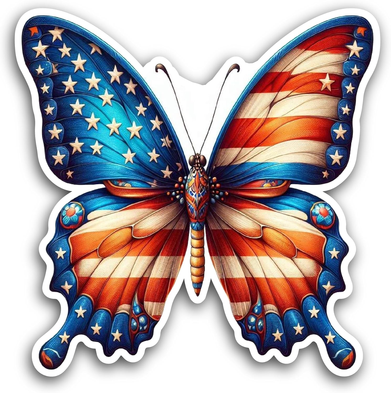 2 (Pieces) 3" and 5" Butterfly with US Flag Desgin Decal Sticker, Waterproof Vinyl Decals for Many Purpose Like Cars, Trucks, Laptops, Phones, Windows and More